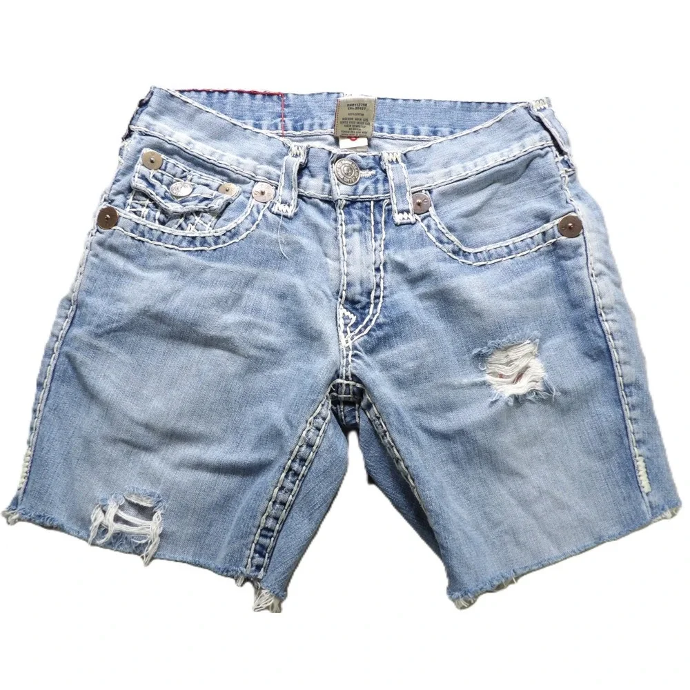 VTG Y2K True Religion Joey Super T Shorts Men 31 Distressed USA Light Wash Denim